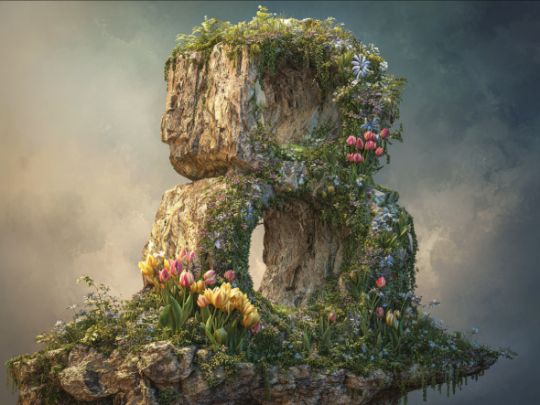 Цифра 8 в виде цветущей скалы с тюльпанами к 8 марта