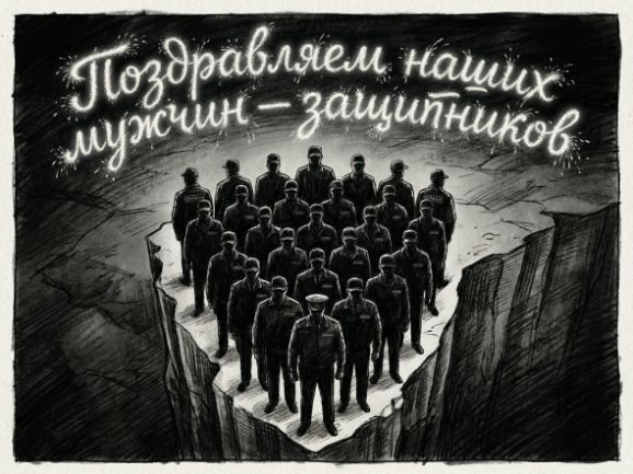Группа сотрудников службы безопасности в униформе на фоне символичного разлома с праздничной надписью «Поздравляем наших мужчин — защитников»