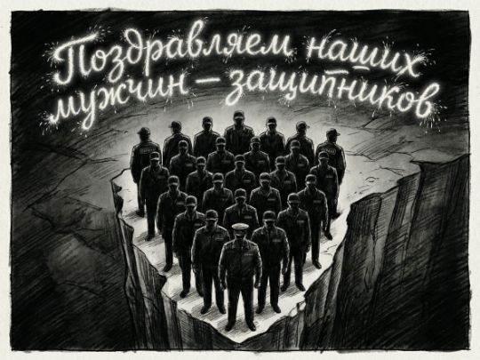 Группа сотрудников службы безопасности в униформе на фоне символичного разлома с праздничной надписью «Поздравляем наших мужчин — защитников»