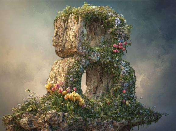 Цифра 8 в виде цветущей скалы с тюльпанами к 8 марта